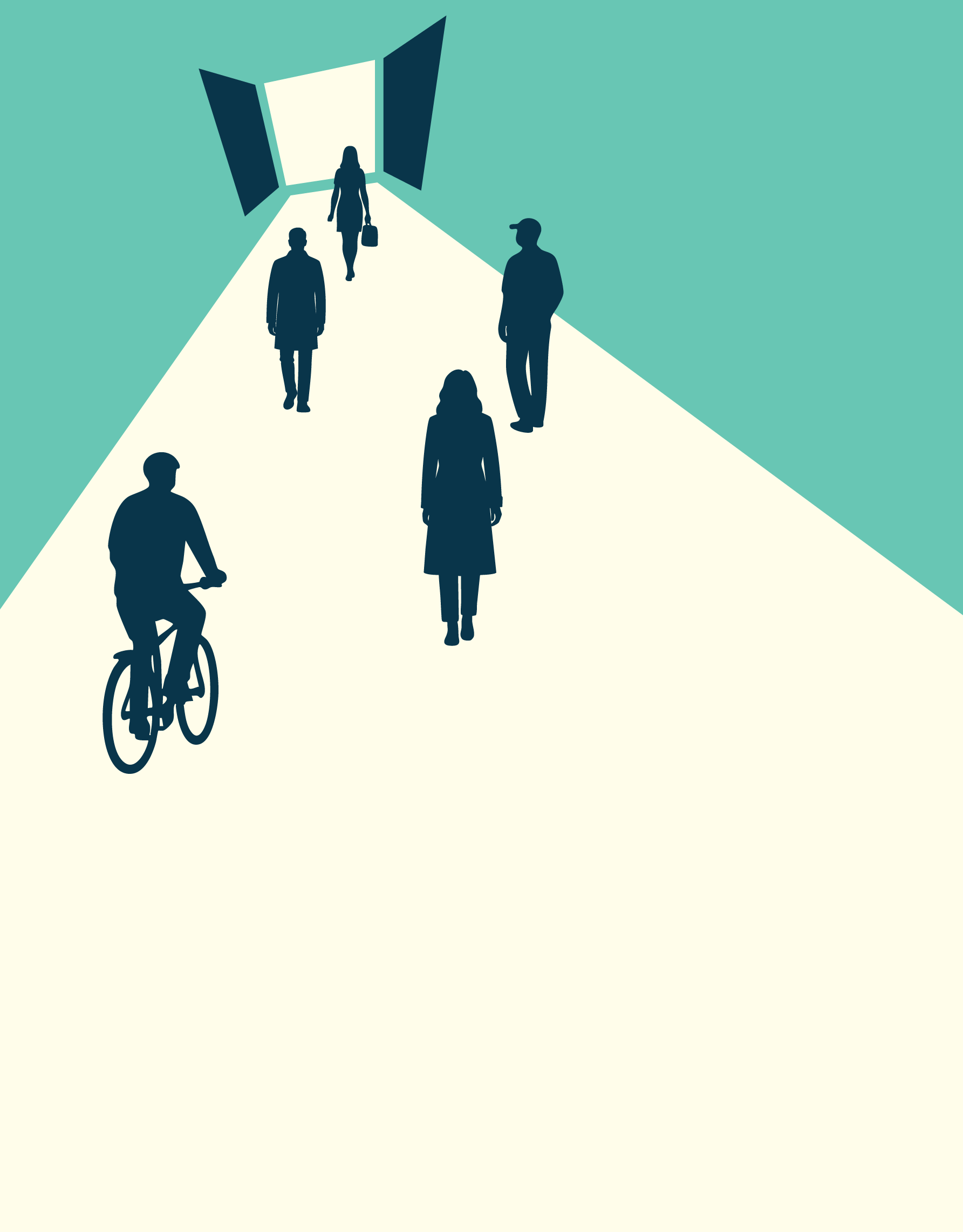 Abstracte illustratie van mensen die naar een open deur lopen waar licht uit straalt