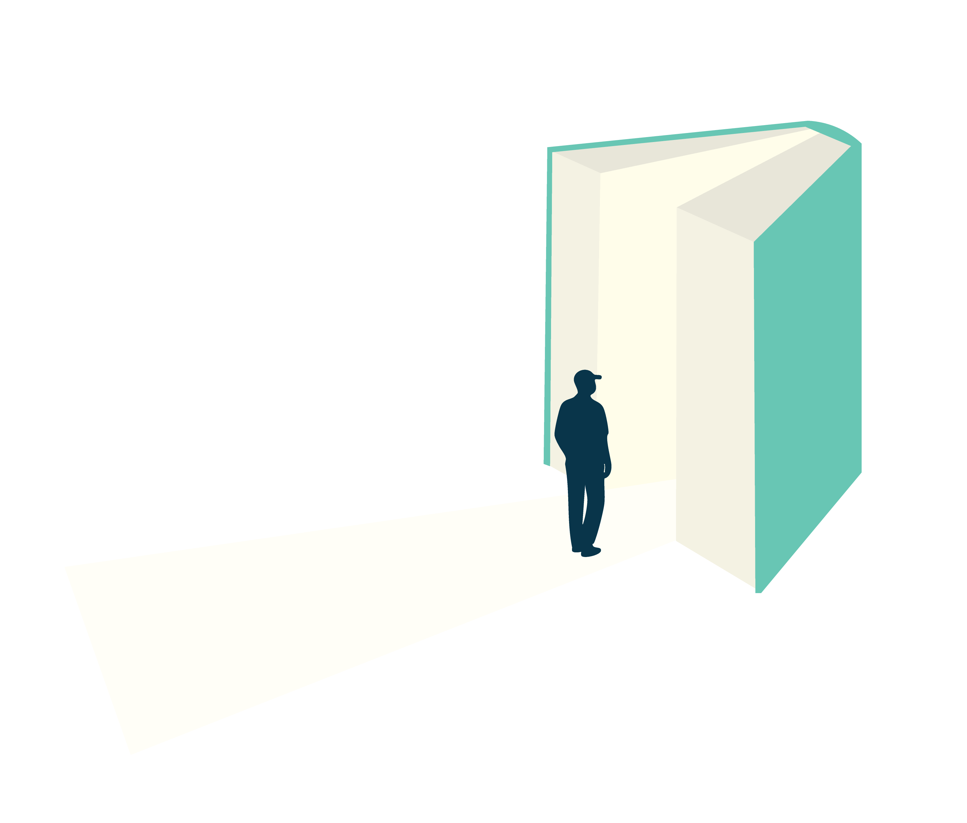 Abstracte illustratie van een iemand die voor een groot boek staat waar licht uit straalt